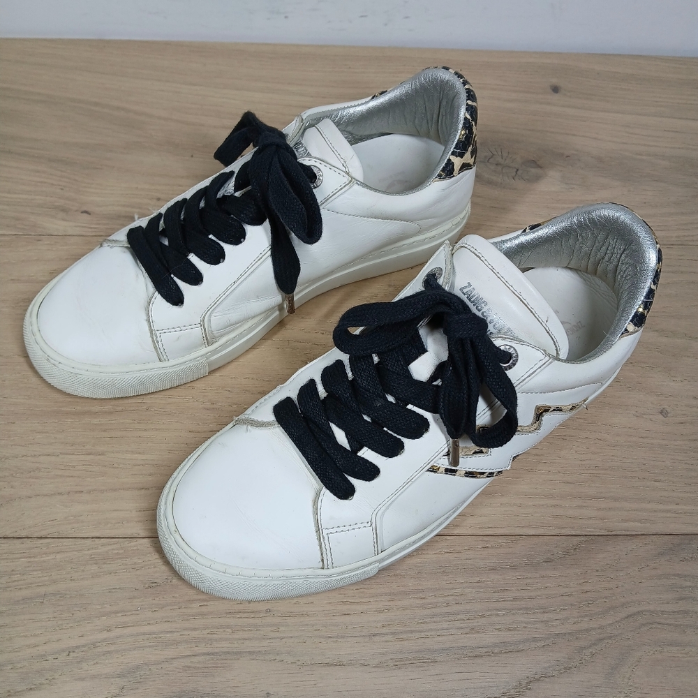 Zadig & Voltaire Paris White Leathe Leopard Print Low Top Sneakers 1597 - Picture 2 of 14